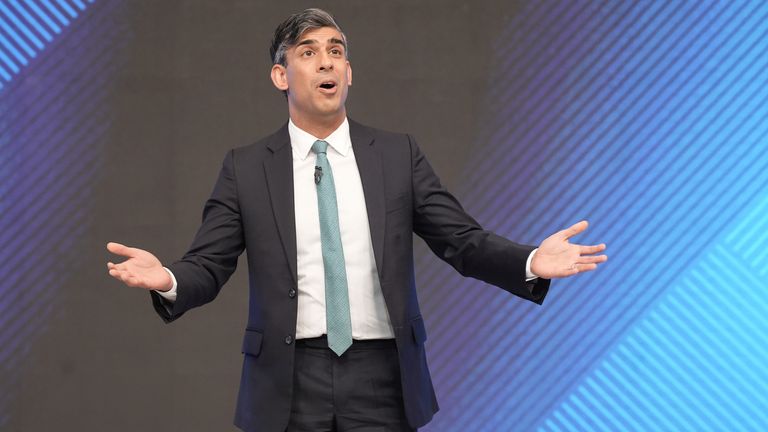 Pic: PA
Prime Minister Rishi Sunak, addresses the audience during a Sky News election event with Sky's political editor Beth Rigby, in Grimsby. Picture date: Wednesday June 12, 2024.