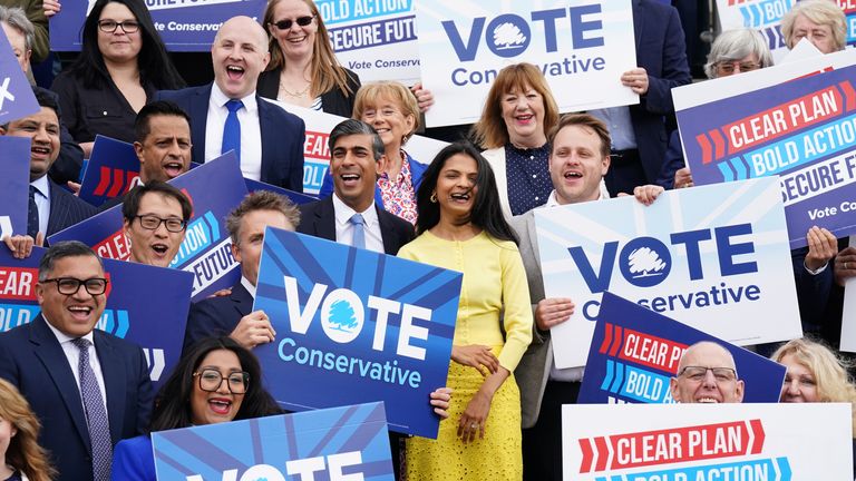 Rishi Sunak poses with supporters before the launch of the Conservative Party General Election manifesto.
Pic: PA