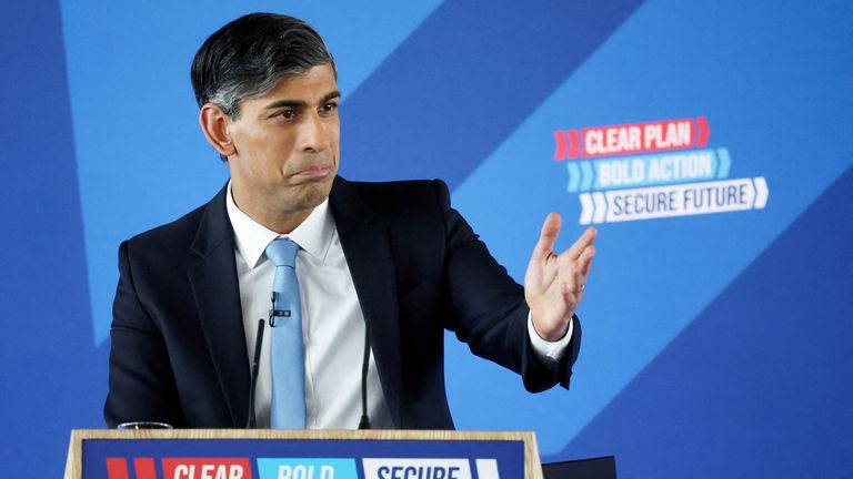 Rishi Sunak speaks at the launch of the Conservative Party's manifesto.
Pic: Reuters