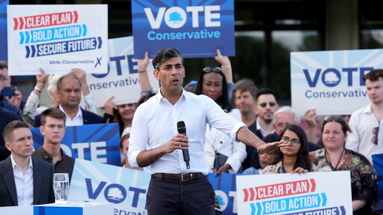 Prime Minister Rishi Sunak during a visit to Cambridge Rugby Club in Cambridge, while on the General Election campaign trail. Picture date: Monday June 17, 2024.