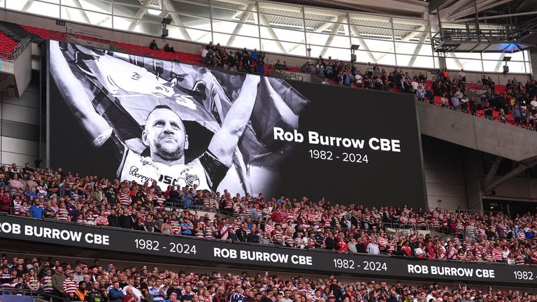 A large screen tribute to Rob Burrow at Wembley. Pic: PA