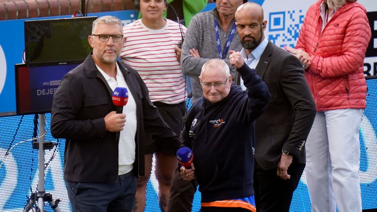 Rob Burrow's father Geoff Burrow (centre) before the Betfred Super League match at AMT Headingley Stadium, Leeds.  Photo date: Friday, June 21, 2024. Photo: PA