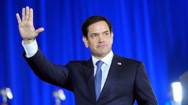 Sen. Marco Rubio, R-Fla., waves before Republican presidential candidate former President Donald Trump speaks at his birthday celebration, hosted by Club 47, in West Palm Beach, Fla., Friday, June 14, 2024. (AP Photo/Gerald Herbert)