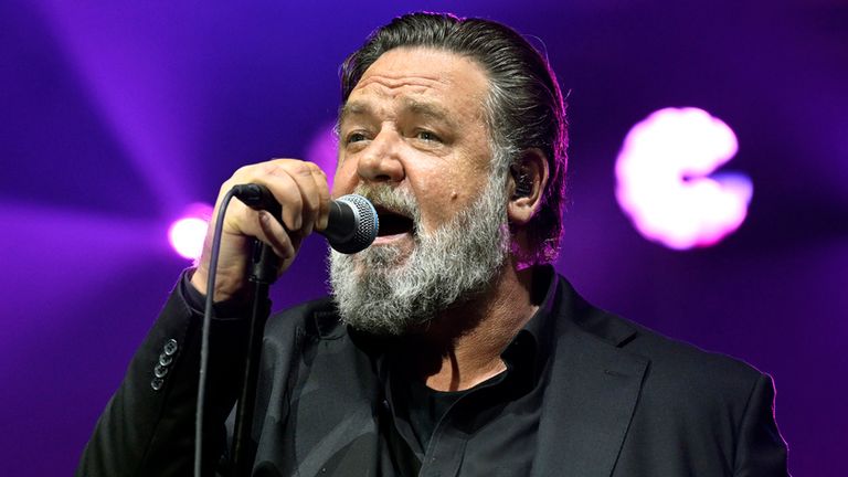 Actor and singer Russell Crowe performs with his band Indoor Garden Party after the opening ceremony of the Karlovy Vary International Film Festival in the Czech Republic in 2023. Pic: Katerina Sulova/ CTK via AP


