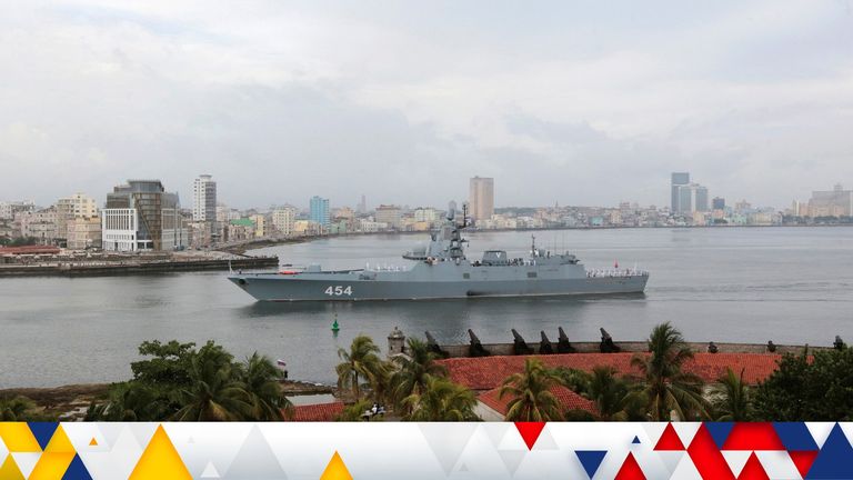 Russian Navy Admiral Gorshkov frigate arrives at the port of Havana, Cuba. Pic: Reuters