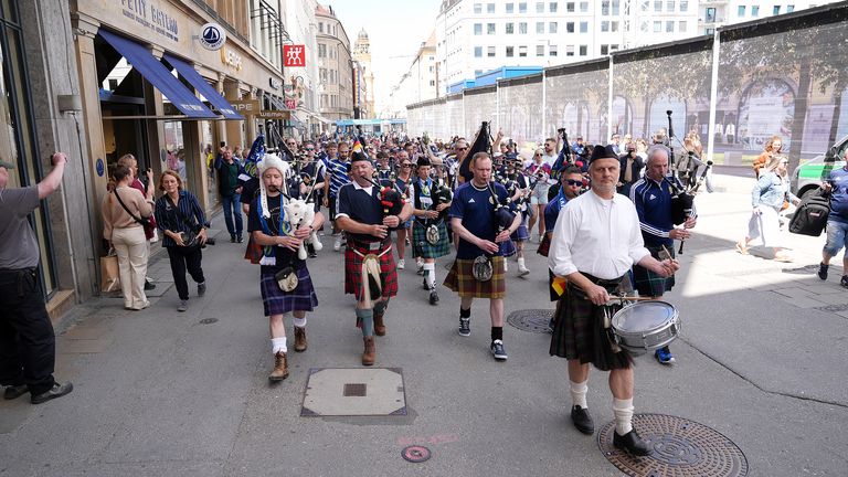 Scottish pipers walking from Odeonsplatz to Marienplatz, Munich.
Pic: PA