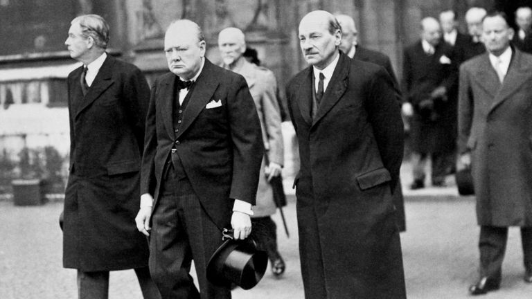 Sir Winston Churchill (second left) and Clement Attlee in Westminster. Pic: PA