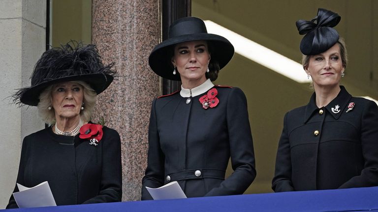 The Duchess of Cornwall, the Duchess of Cambridge and the Countess of Wessex on the balcony of the Remembrance Sunday service at the Cenotaph, Whitehall, London.  Photo date: Sunday, November 14, 2021.