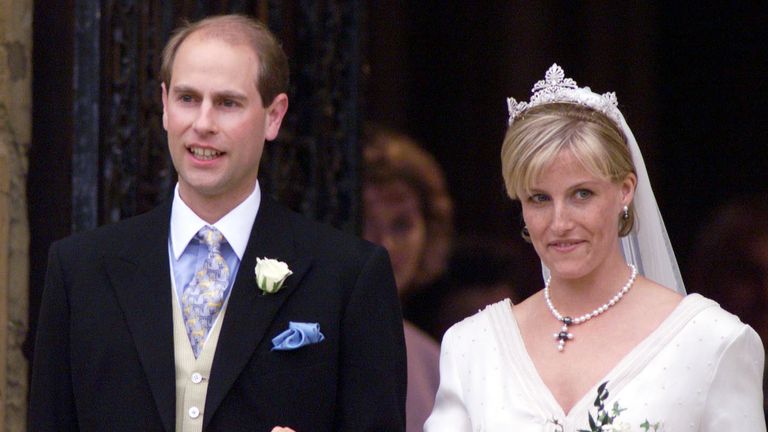     File photo dated 6/19/99 of Prince Edward, the youngest son of Queen Elizabeth II of Great Britain, and his bride Sophie Rhys-Jones leave St. George's Chapel at Windsor Castle after their wedding.  Issue date: Tuesday, June 18, 2024.