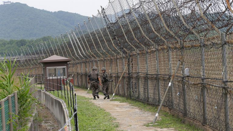 South Korean army soldiers patrol in the demilitarized zone in Goseong. File pic: AP