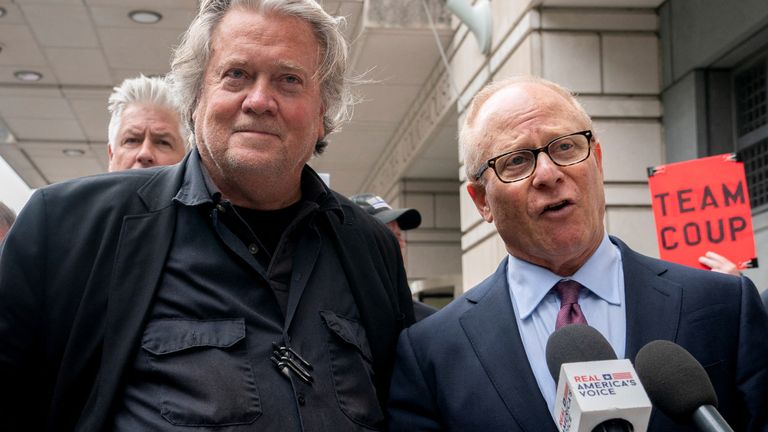 Bannon (left) spoke to reporters alongside his lawyer David Schoen. Pic: Reuters