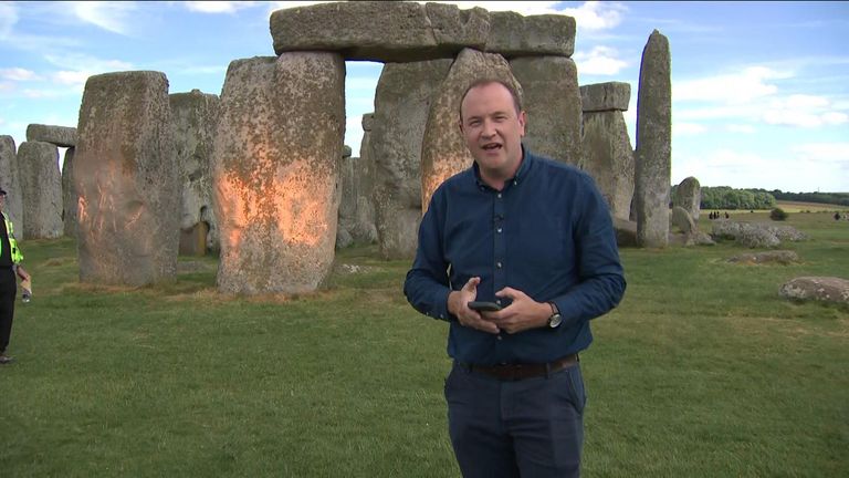 Sky's Dan Whitehead has the latest from Stonehenge after two Just Stop Oil activists sprayed the landmark in orange powder paint