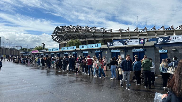 Fans queuing up for Taylor Swift merchandise outside Murrayfield Stadium in Edinburgh. Pic: Sky News