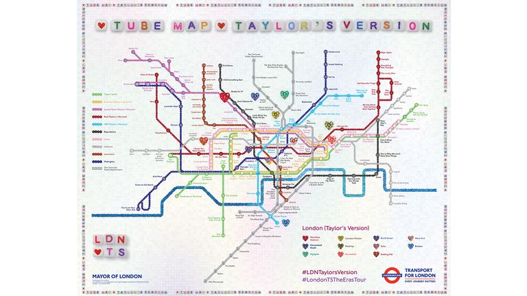 Taylor Swift inspired London tube map. Each line is named after a different album and drawn in sequin colours to match, with stations named after songs, and gemstones to reflect key locations with links to Taylor that fans can visit. 
Pic:Mayor of London's Press Office/PA