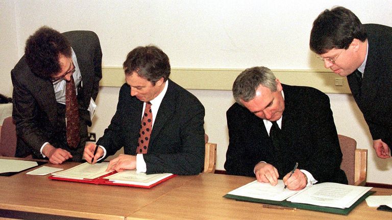 Prime Minister Tony Blair and Irish Taoiseach Bertie Ahern sign the Good Friday Agreement in 1998