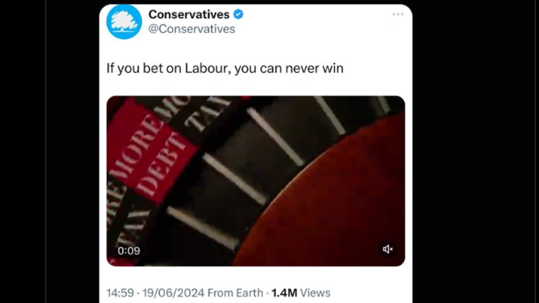 The Conservatives deleted this tweet featuring a roulette table, telling voters if they 'bet on Labour, you can never win'