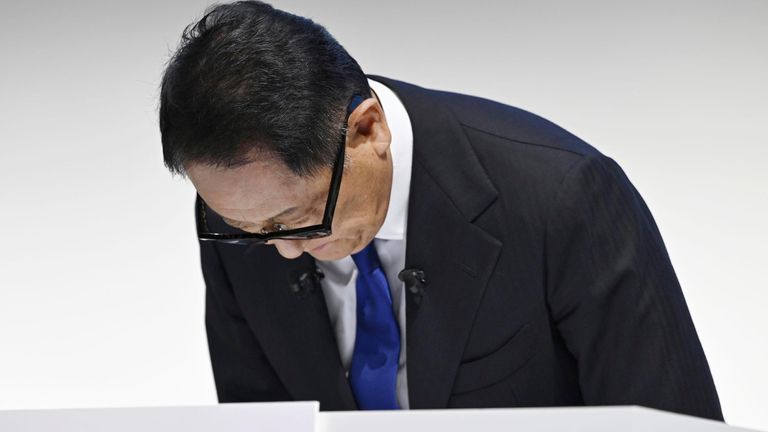 Toyota chairman Akio Toyoda bows in apology during a news conference on Monday. Pic: AP