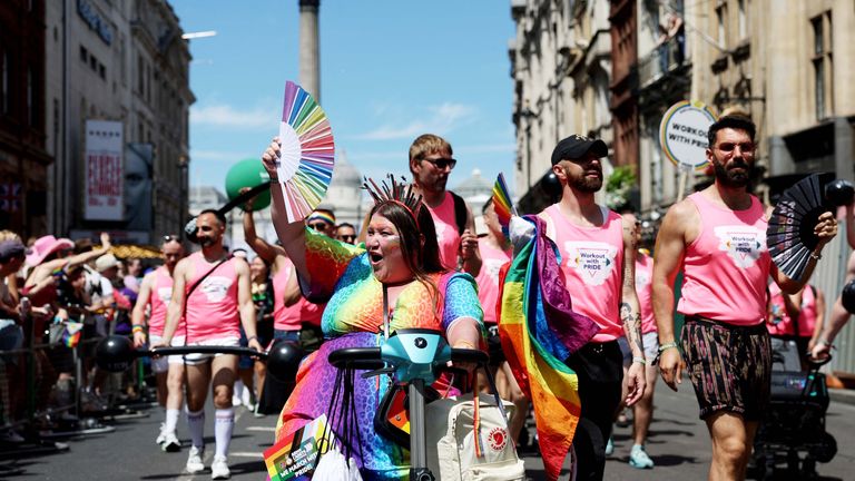 People take part in the 2024 Pride Parade in Trafalgar Square.  Photo: Reuters