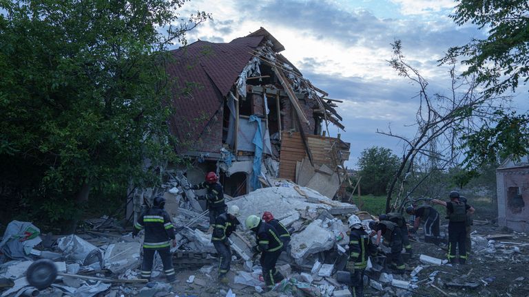Rubble of a building which was destroyed by a Russian airstrike in Kharkiv, Ukraine. Pic: AP
