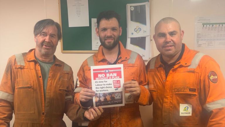  Offshore workers show support for Unite's no ban without a plancampaign. Pic: Unite.