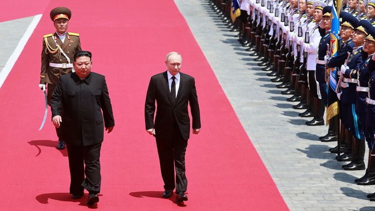 Russia's President Vladimir Putin and North Korea's leader Kim Jong Un attend an official welcoming ceremony at Kim Il Sung Square in Pyongyang, North Korea June 19, 2024. Sputnik/Gavriil Grigorov/Pool via REUTERS ATTENTION EDITORS - THIS IMAGE WAS PROVIDED BY A THIRD PARTY.