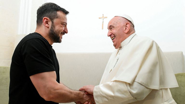 Volodymyr Zelenskyy meets with Pope Francis as he attends the G7 Summit,.
Pic: Reuters