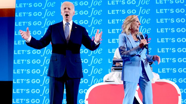 President Joe Biden and first lady Jill Biden visit a presidential debate watch party.
Pic: AP