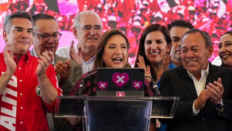 Opposition presidential candidate Xochitl Galvez speaks after polls closed during general elections in Mexico.
Pic: AP