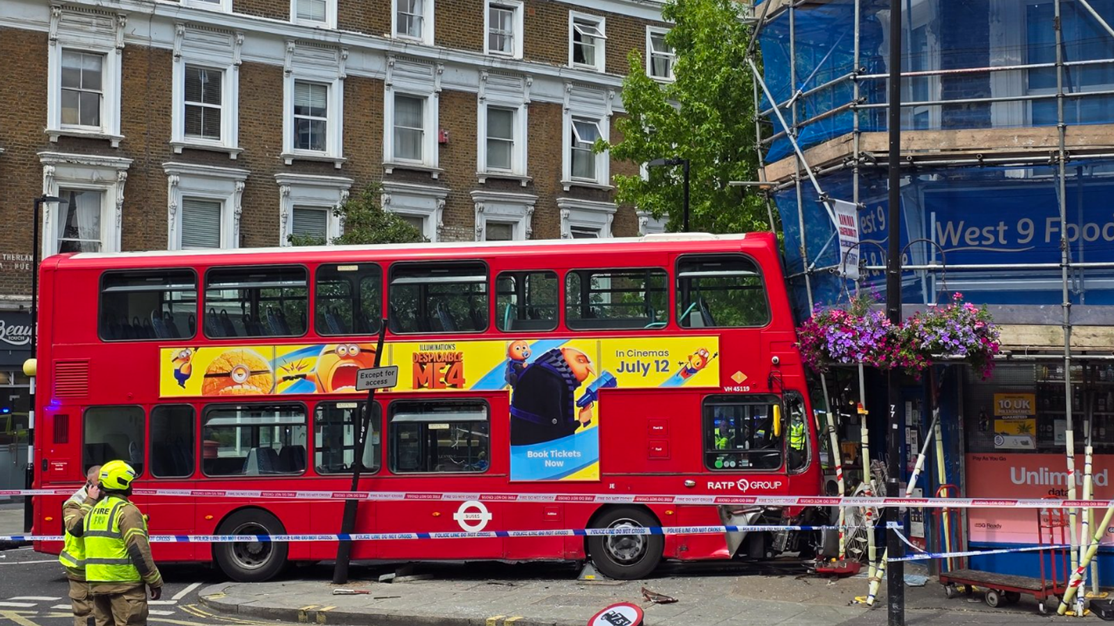 Six people injured after double-decker bus crashes into scaffolding in west London | UK News