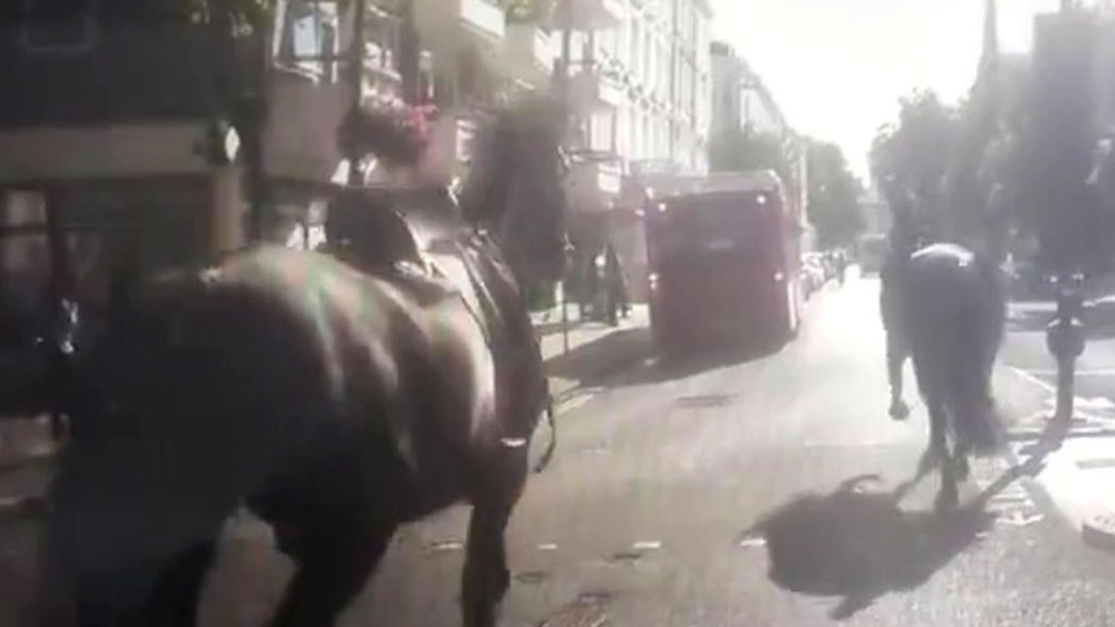 Хаос, докато военните коне изхвърлят ездачи, преди да хукнат през централен Лондон