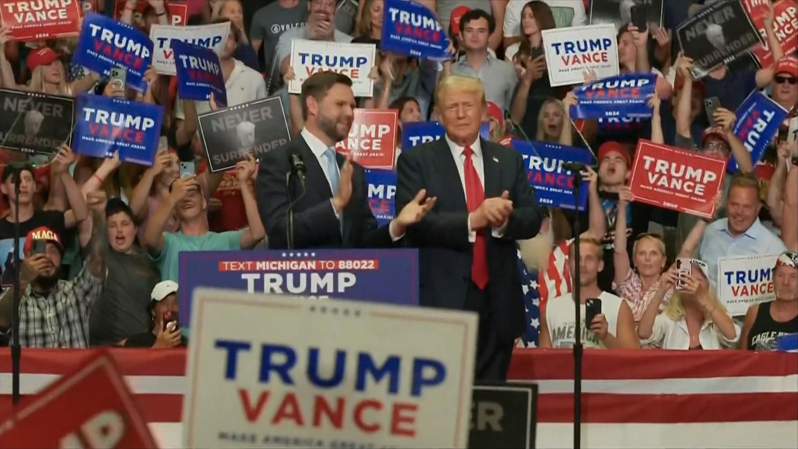 Trump v Biden latest: Ex-US president speaking at first rally since Republican nomination as number calling for Biden to go grows