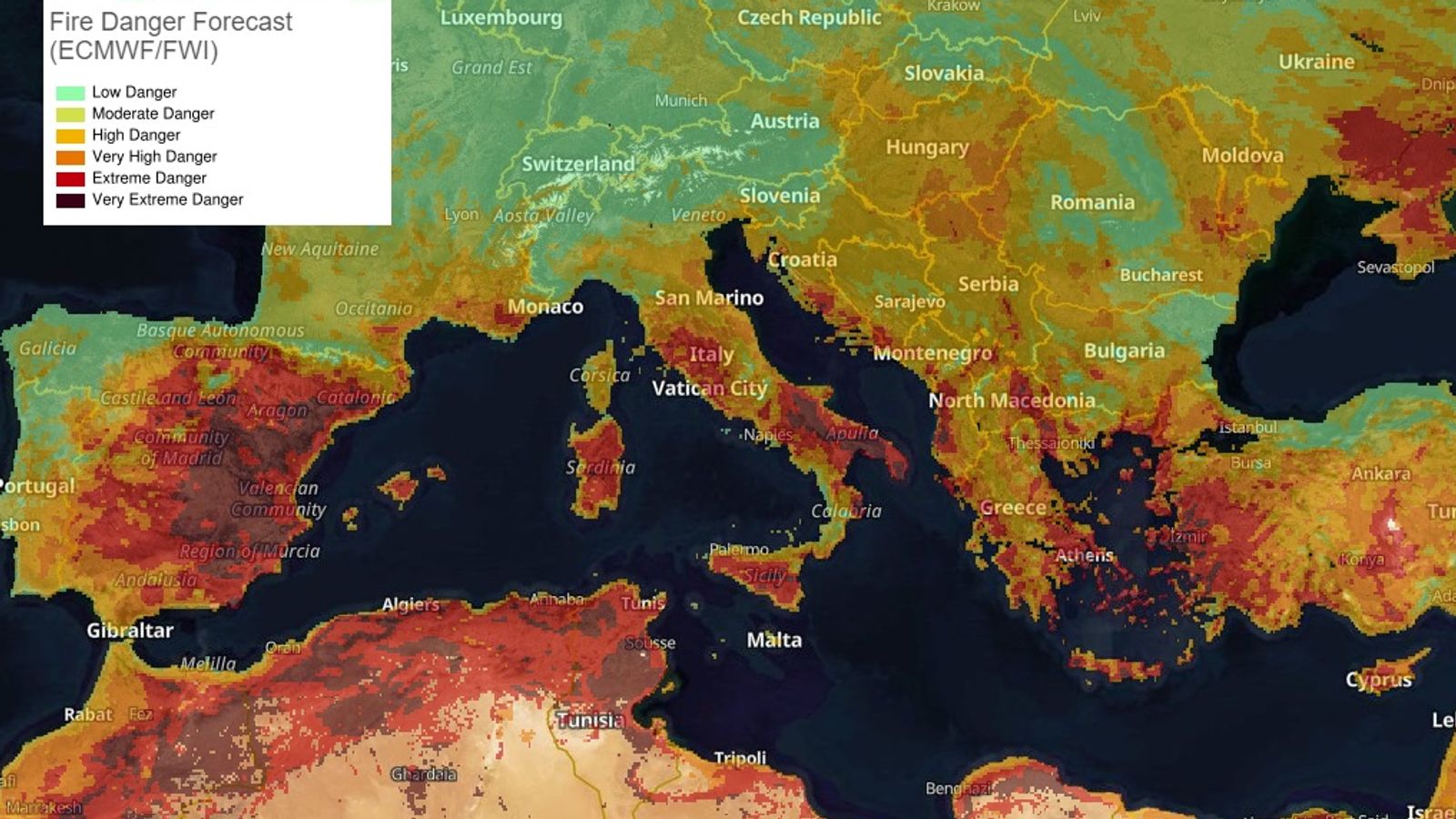 ‘High to extreme risk of wildfire’ across most of southern Europe