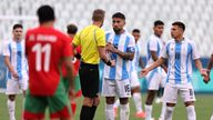 Referee Glenn Nyberg talks to Argentina's Nicolas Otamendi. Pic: Reuters