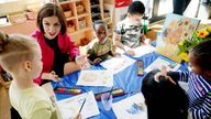 Education Secretary Bridget Phillipson taking part in an art activity with pupils, including Alfie, 3, (left), Elisha, 4, (2nd right) and Wyatt, 4, (top right) during a visit to the school-based nursery at Ark Start Oval, East Croydon, in south London. Picture date: Wednesday July 10, 2024. PA Photo. Photo credit should read: Yui Mok/PA Wire