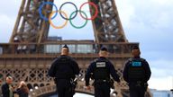Police officers patrol at Place du Trocadero ahead of the Paris Olympics. Pic: AP