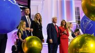 Republican presidential candidate former president Donald Trump, center, stands on stage with Melania Trump and other members of his family during the Republican National Convention, Thursday, July 18, 2024, in Milwaukee. (AP Photo/Julia Nikhinson)