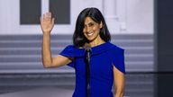 Usha Vance, wife of Republican vice presidential nominee JD Vance, speaks during the third night of the Republican National Convention at Fiserv Forum in Milwaukee, Wis., July 17, 2024. (Francis Chung/POLITICO via AP Images)