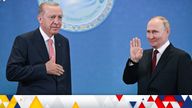 Vladimir Putin and Recep Tayyip Erdogan at a meeting on the sidelines of the Shanghai Cooperation Organisation (SCO) summit in Astana, Kazakhstan. Pic: AP