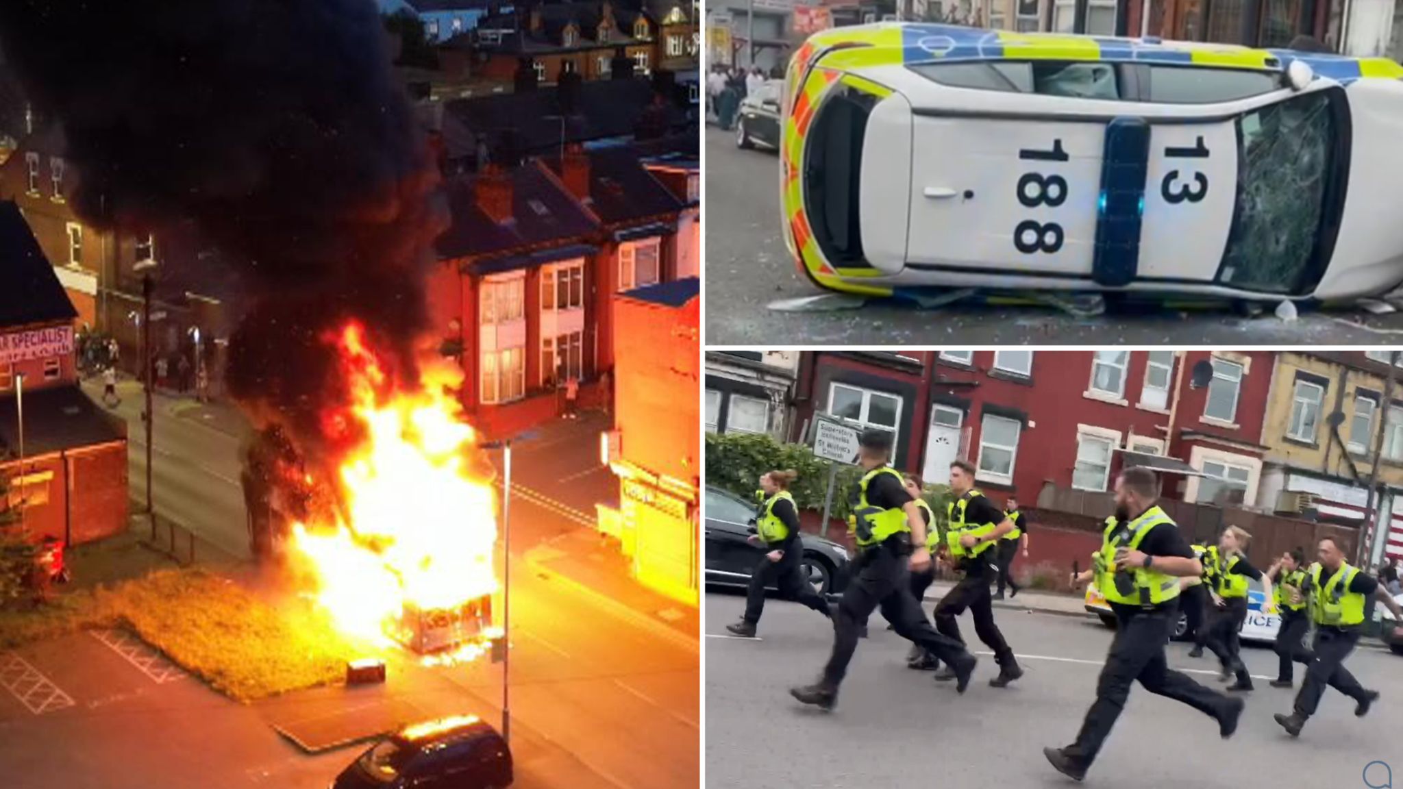 Bus set on fire and police car flipped over as riot breaks out in Leeds  with hundreds out on streets | UK News | Sky News