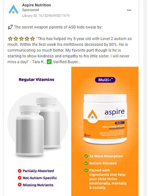 A paid-for advertisement on Facebook from Aspire Nutrition, advertising substances claiming to treat autism. Pic: PA