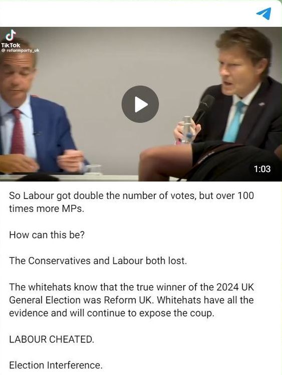 A conspiracy theorist account on Telegram claims Labour 'cheated' in the election. 