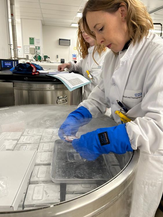 EMBARGOED TO 0001 SATURDAY 20TH JULY Undated leaflet photo issued by NHS Blood and Transplant of NHS Blood and Transplant staff removing frozen umbilical cord blood stem cells from storage at NHSBT Filton in preparation for Gunner Lewis-Vale's transplant , five years old.  The cells were collected from a baby's umbilical cord blood, donated in 2008, and frozen at temperatures of -150ºC 15 years ago.  Issue date: Saturday, July 20, 2024.