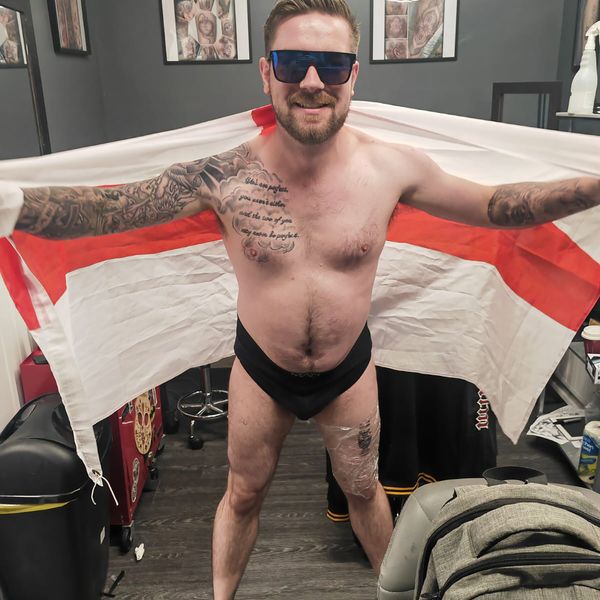 Undated handout photo by Jack Wilkinson of Dan Thomas from Swindon had a tattoo of a trophy and the words 'England Euro 2024 Winners' done on his leg before the final against Spain on Sunday. Issue date: Sunday July 14, 2024.
