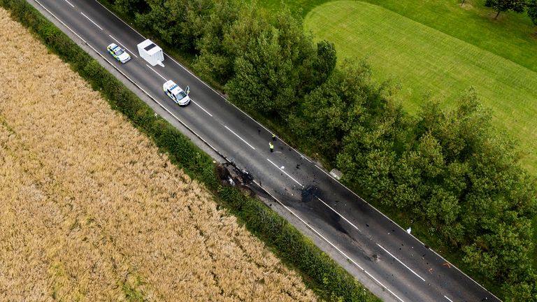 The scene on the A61 in Wakefield, following a collision between a car and a motorcycle on Sunday afternoon in which four adults and two children died. The crash between a Ford Focus and the motorbike occurred on the A61 between Staincross, Barnsley, and Newmillerdam, Wakefield. Picture date: Monday July 22, 2024. PA Photo. See PA story POLICE Wakefield. Photo credit should read: Danny Lawson/PA Wire