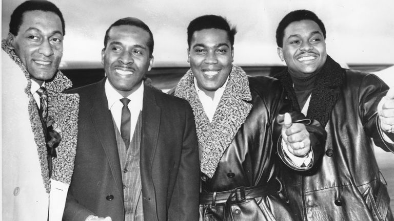 The Four Tops pose at Heathrow airport in 1966. From left to right are, Abdul Fakir, Levi Stubbs, Lawrence Payton and Renaldo Benson. Pic: AP