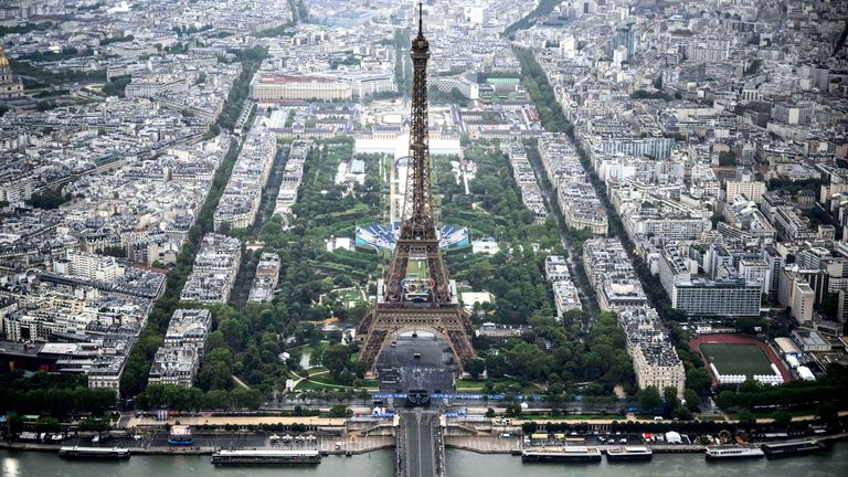 This aerial photo shows the Eiffel Tower  during the opening ceremony.
Pic AP