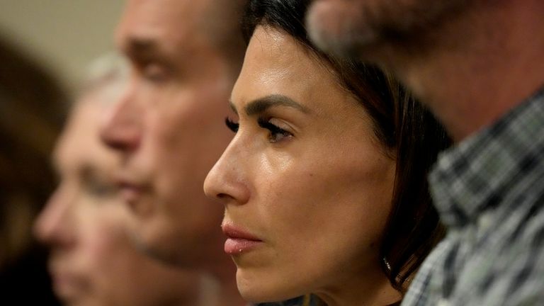 Hilaria Baldwin listens during her husband actor Alec Baldwin's hearing in Santa Fe County District Court, Wednesday, July 10, 2024, in Santa Fe, N.M. Baldwin is facing a single charge of involuntary manslaughter in the death of a cinematographer. (AP Photo/Ross D. Franklin, Pool)