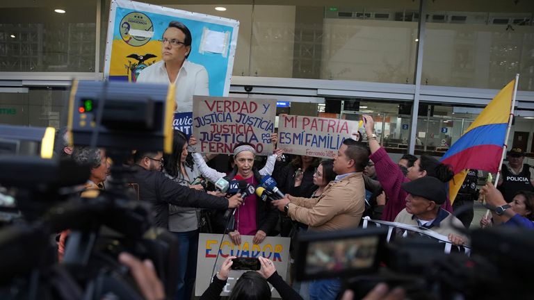 Alexandra Villavicencio, sister of Fernando Villavicencio, gives a statement to the press after sentencing. Pic: AP Photo/Carlos Noriega