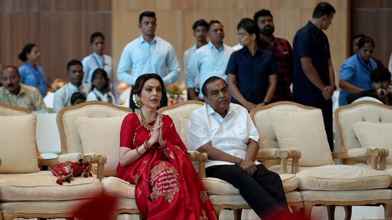 Mukesh Ambani and his wife Nita Ambani at one of the pre-wedding ceremonies. Pic: Reuters