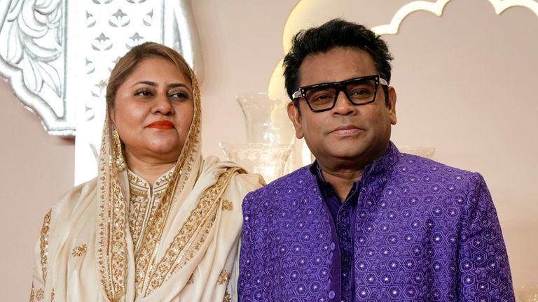 Bollywood music composer and singer AR Rahman poses for a photograph with his wife Saira Banu 